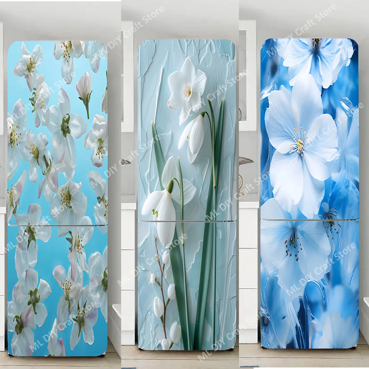 

Blue Magnolia Art Kitchen Refrigerator Sticker Full Film Kitchenware Stick Waterproof Double Door Freezer Cupboard Decoration