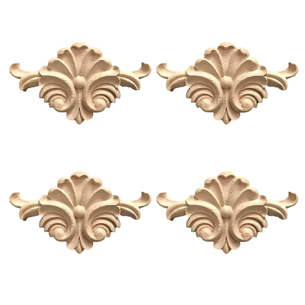 

4PCS Unpainted Exquisite Modern Natural Flower Wooden Carved Doors Corner Cabinet Bed Wood Applique Wood Decal Onlay Sculpture