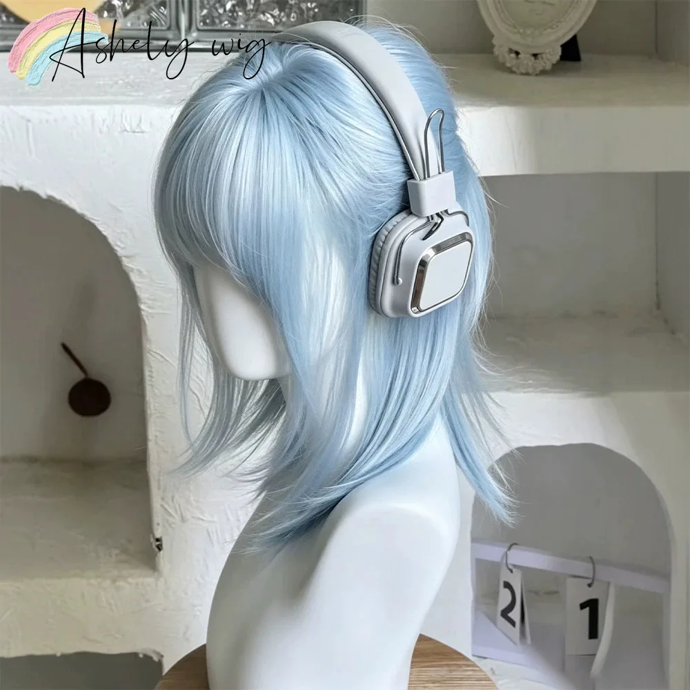 Ice Blue Wig for Women 14inch Short Wig with Bangs Y2k Hairstyle Synthetic Wigs Natural Headband Wigs Peruca Lolita for Daily