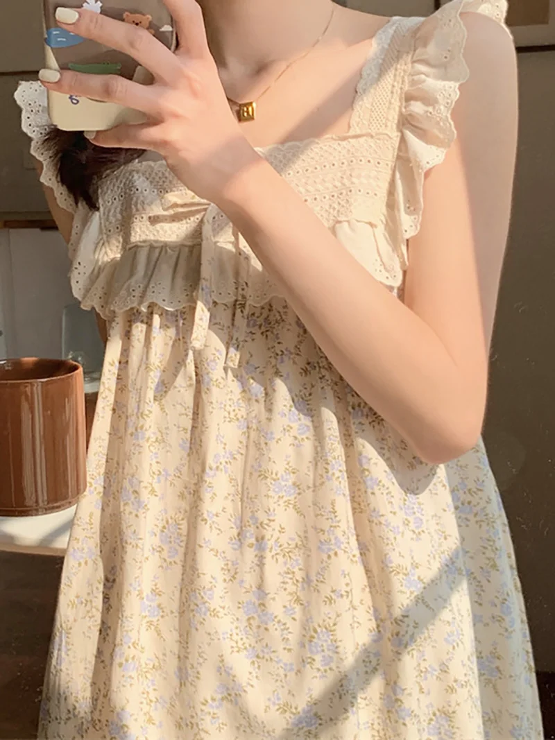 Korean Japan Sweet Princess Nightgowns Pure Cotton Floral Print Fairy Night Dress Summer Sleeveless Women Vintage Sleepwear