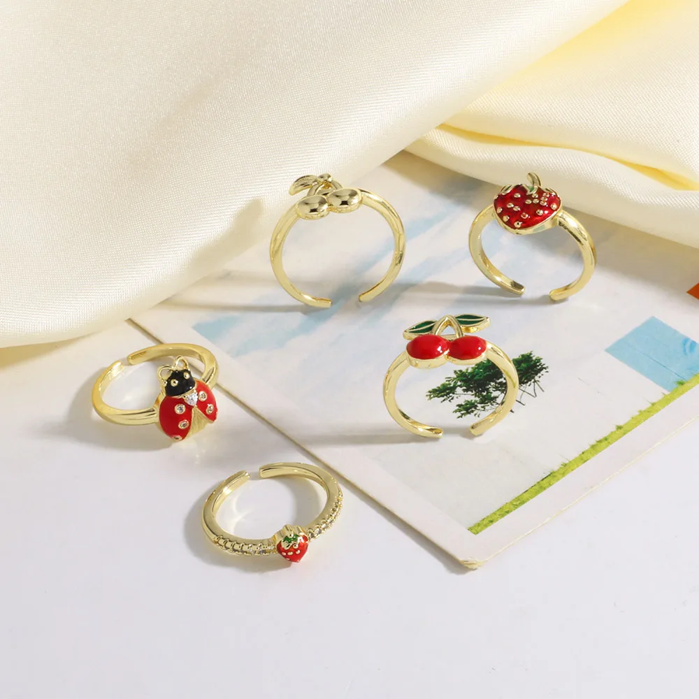 OCESRIO Red Enamel Cherry Statement Women Rings Copper Gold Plated Strawberry Ladybug Heart Ring Women Fashion Jewelry rigq57