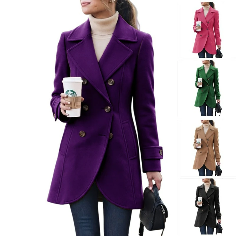 Women Blends Coat Double Breasted Solid Jackets Wool Turn Down Collar Casual Spliced Slim Fit Full Sleeve Jacket Autumn Winter