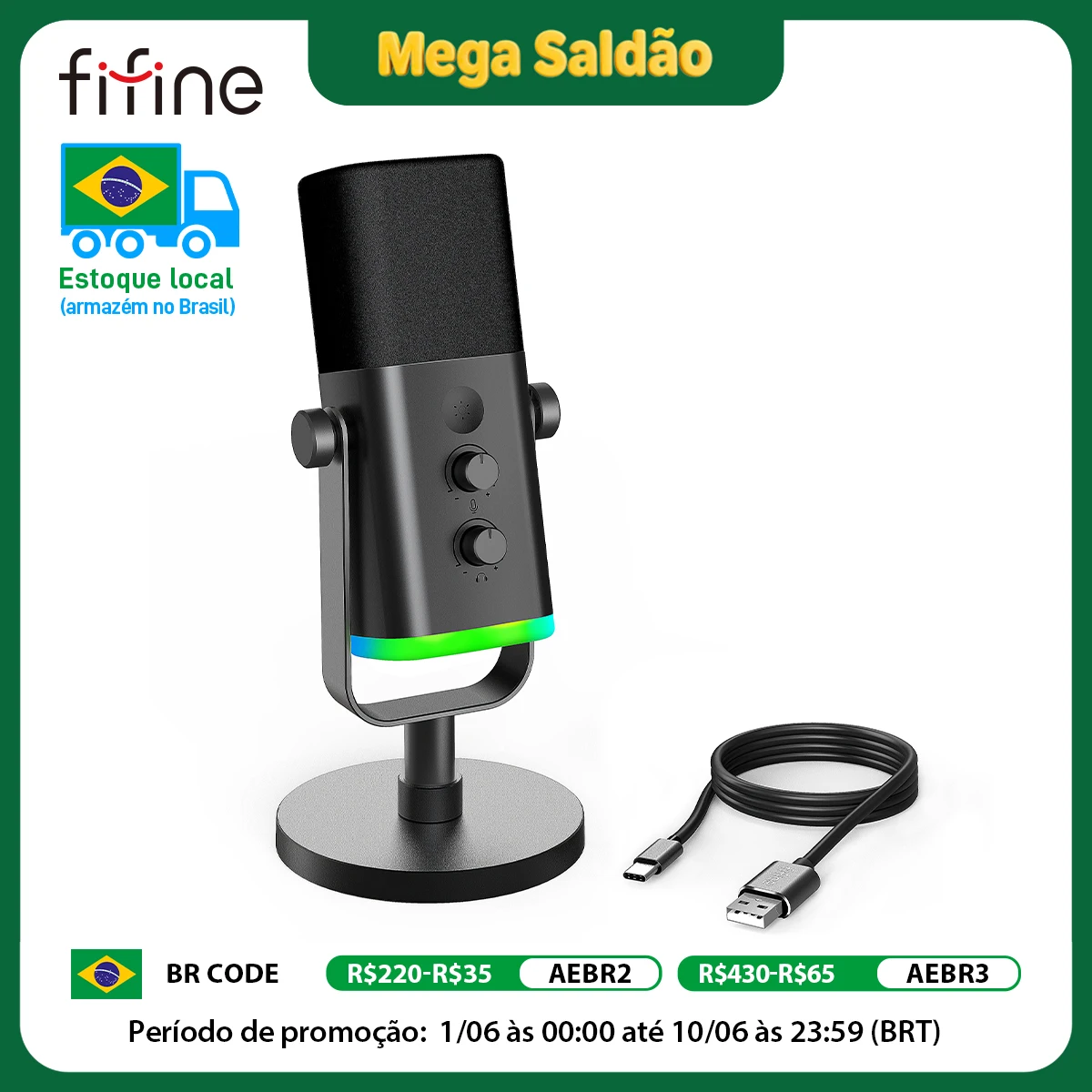 FIFINE USB/XLR מיקרופון דינמי עם בקרת RGB/שקע אוזניות/השתקה, MIC להקלטת משחקי מחשב הזרמת AmpliGame-AM8