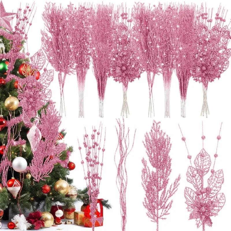 12Pcs Pink Christmas Tree Decoration Artificial Glitter Stems Xmas Tree Hanging Navidad Berry Flowers Gift New Year Home Decor
