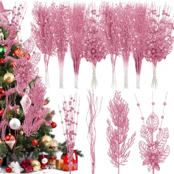 12Pcs Pink Christmas Tree Decoration Artificial Glitter Stems Xmas Tree Hanging Navidad…
