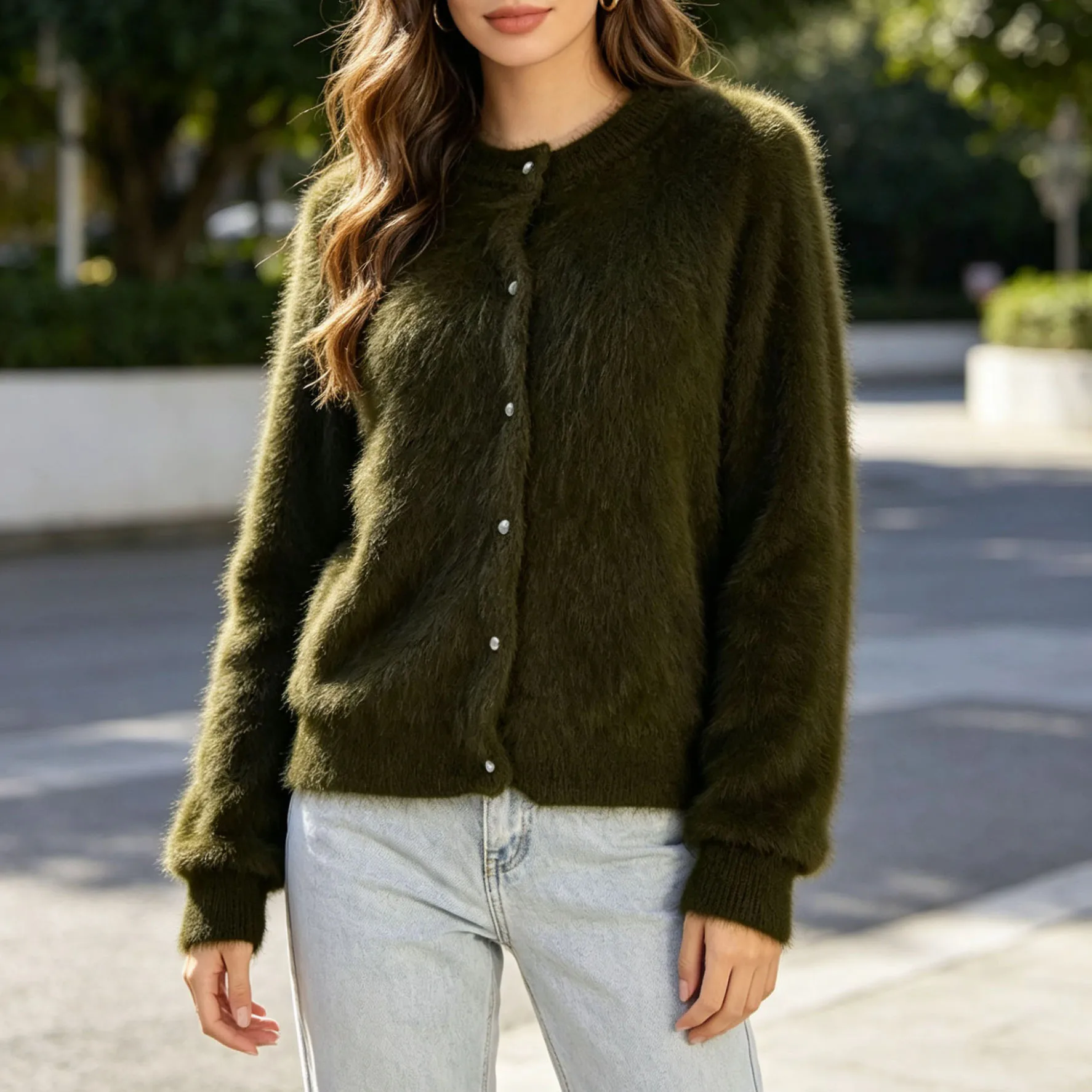 Cárdigan Corto de Pelo de Conejo Angora para Mujer, Estilo Militar, Color Verde, Tejido, para Otoño e Invierno, Cárdigan de Piel de Visón