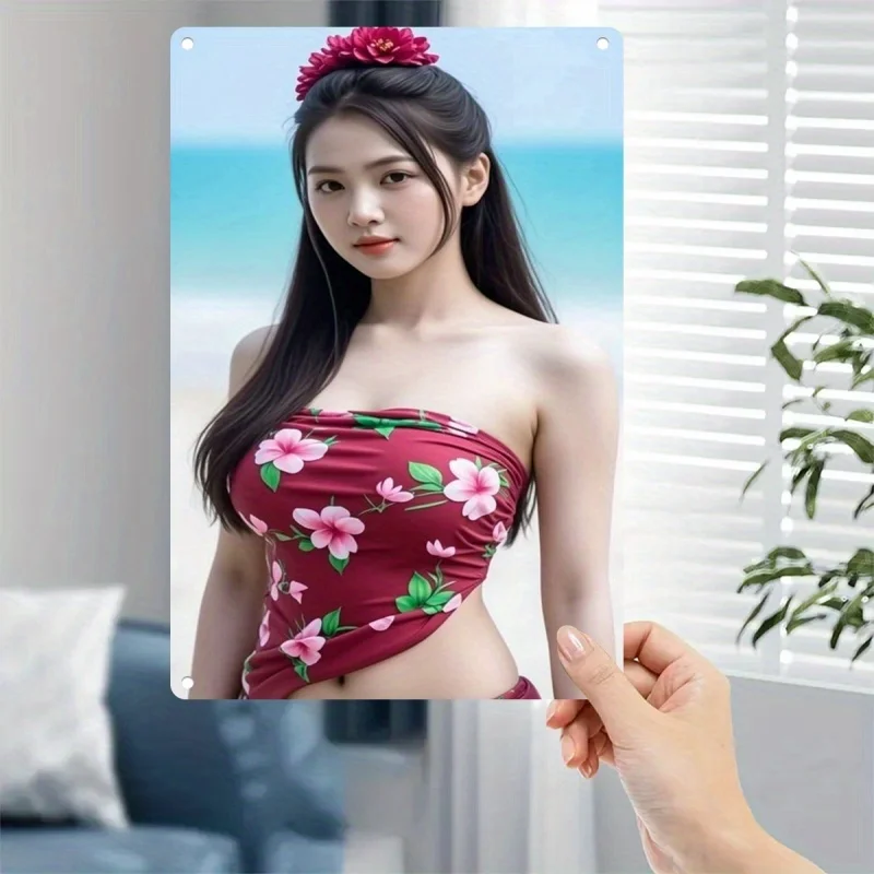 

Rustic Retro Advertising Sign for Home Decor，Korean-Vibe Metal Poster - Burgundy & Pink Floral - Heavy-Duty Iron Plate Sign - Vi