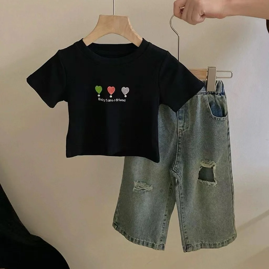 Children's Spring and Autumn Set 2024 Cartoon New Girl Fashion Girl Baby Summer Embroidered Top Broken Hole Jeans Two Piece Set