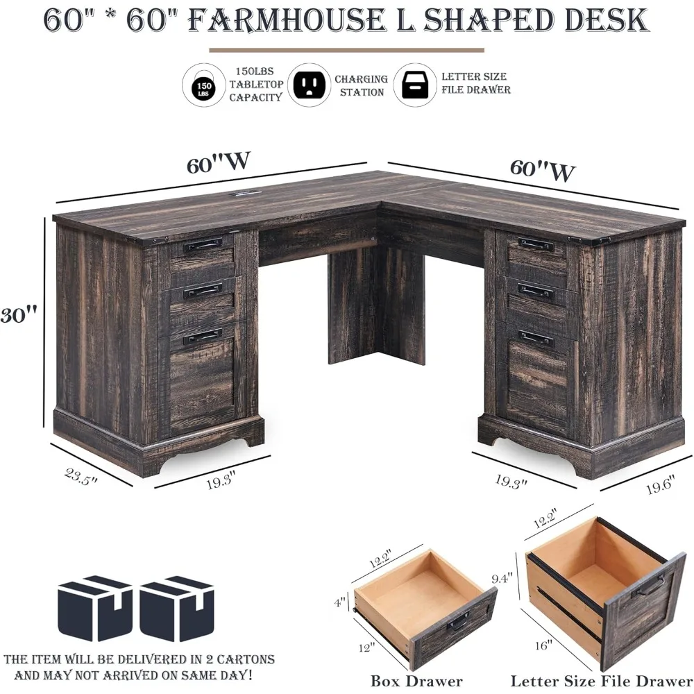 Farmhouse L Shaped Executive Desk with Drawers, Wood Home Office Corner Desk with Charging Station, File Drawer