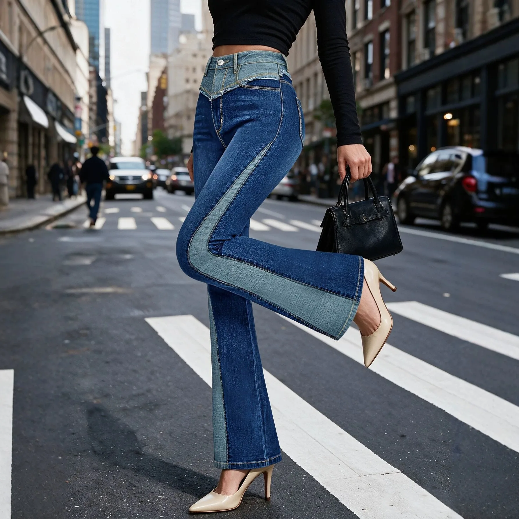 Patchwork High Waist Jeans with Washed Finish American and European Style High Stretch Flared Leg Full Length Women Pants