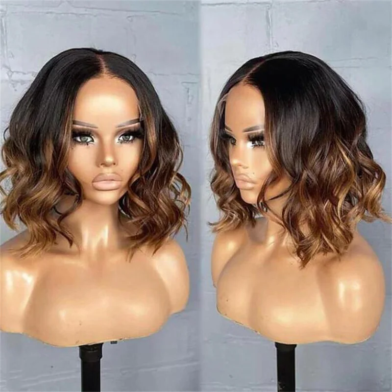 

Ombre Brown 20Inch Bob Wave 5x5 Silk Base Glueless Jewish Human Hair Wig With Baby Hair HD Lace European Hair Preplucked Daily