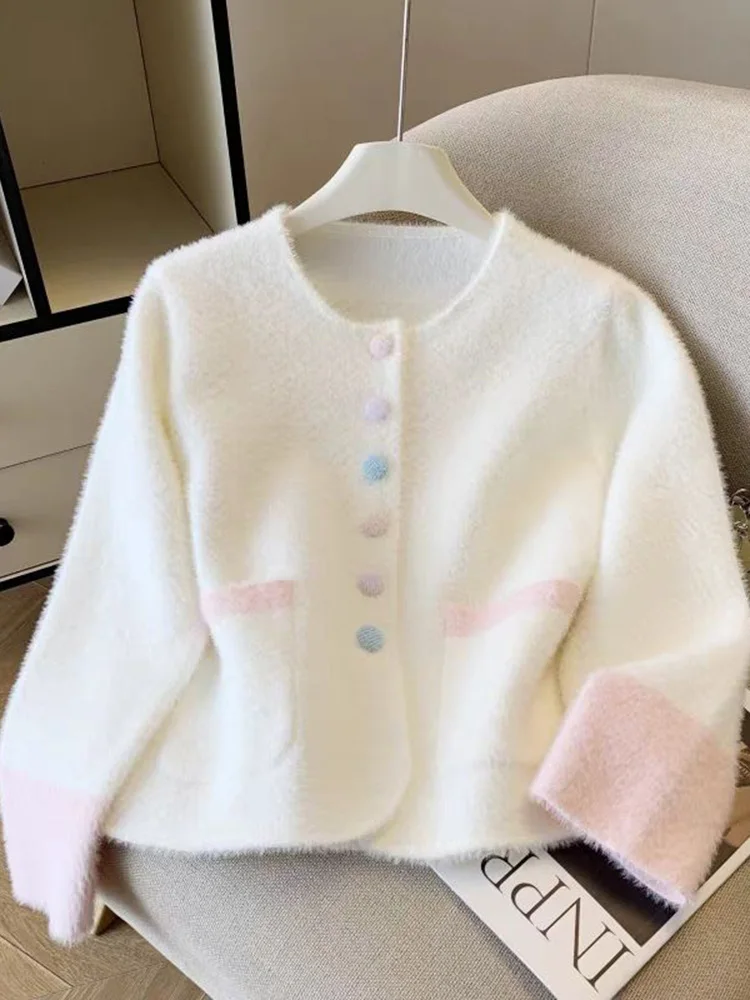 

Faux Mink Cashmere Sweet Cardigan Women Long Sleeve O Neck Elegant Knitted Sweaters Korean Fall Winter Fashion Soft Pockets Tops