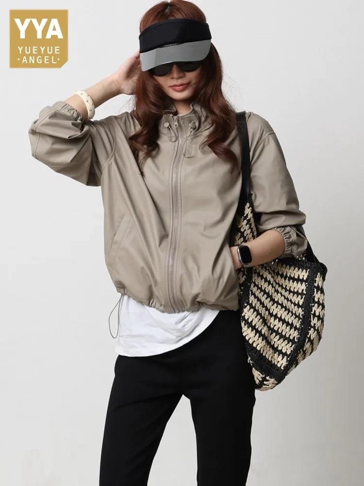 Autumn New Women Stand Collar 100% Natural Leather Bomber Jacket Top Quality Shepeskin Genuine Leather Jacket Adjustable Waist