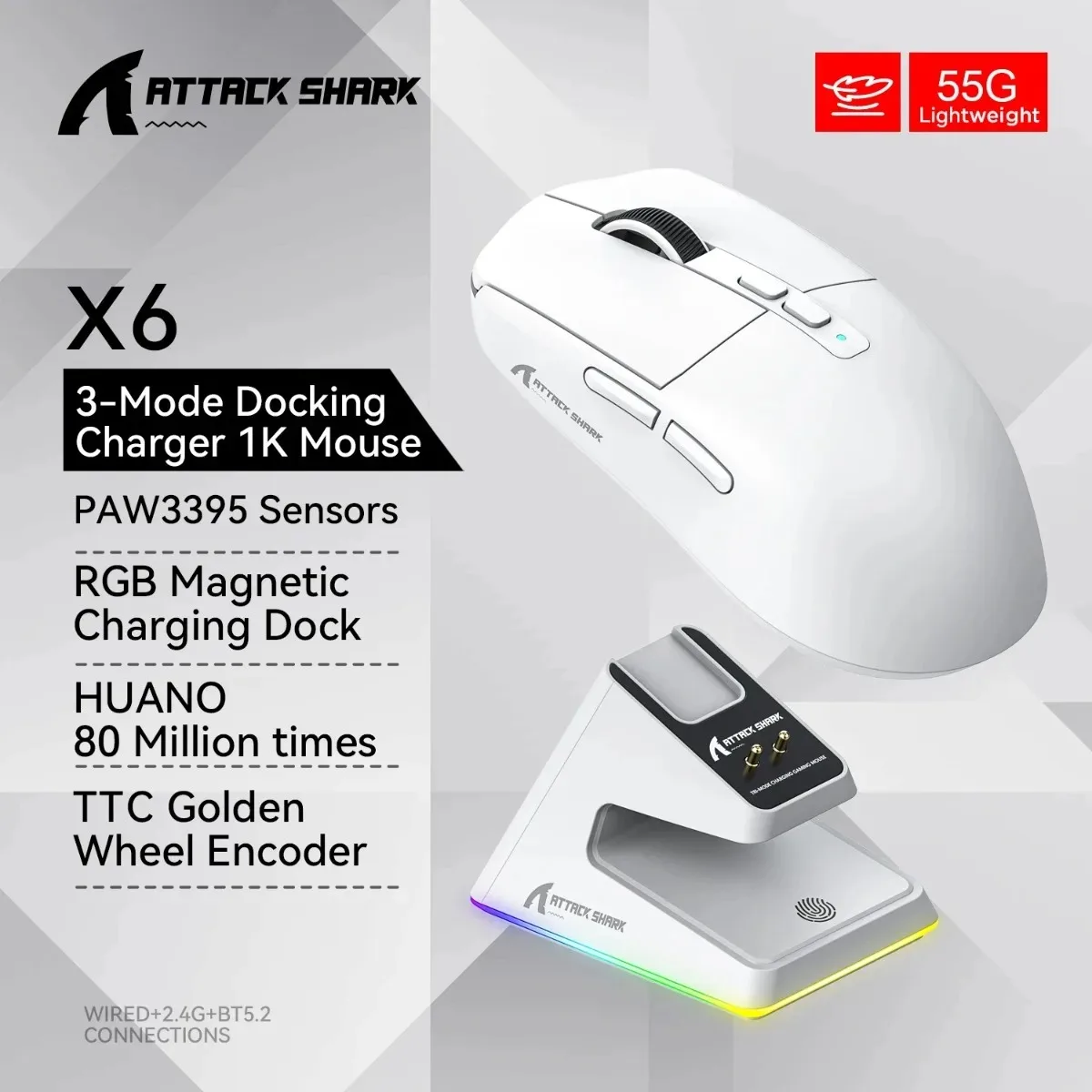 

Attack Shark X6 Gaming Mouse Lightweight PAW3395 Bluetooth Wireless Tri Mode RGB Touch Magnetic Charging Base E-sports Mouse