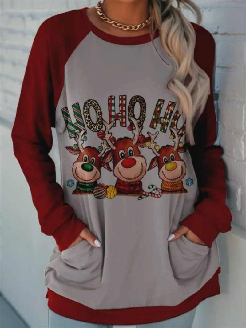 Plus Size Women's Christmas Print Colour Blocking Comfortable Sweatshirt with Pockets