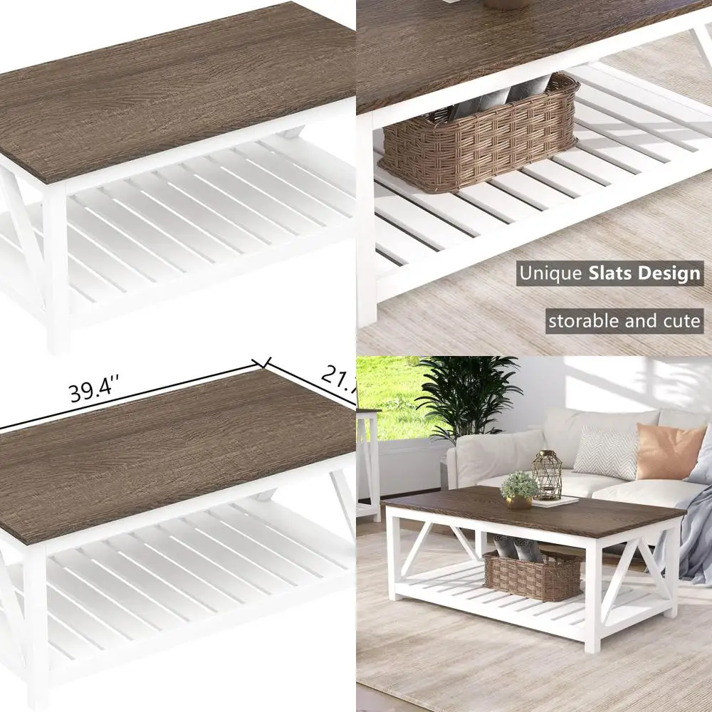 

Винтажный журнальный столик в деревенском стиле с полкой, 40 белых мебели для гостиной