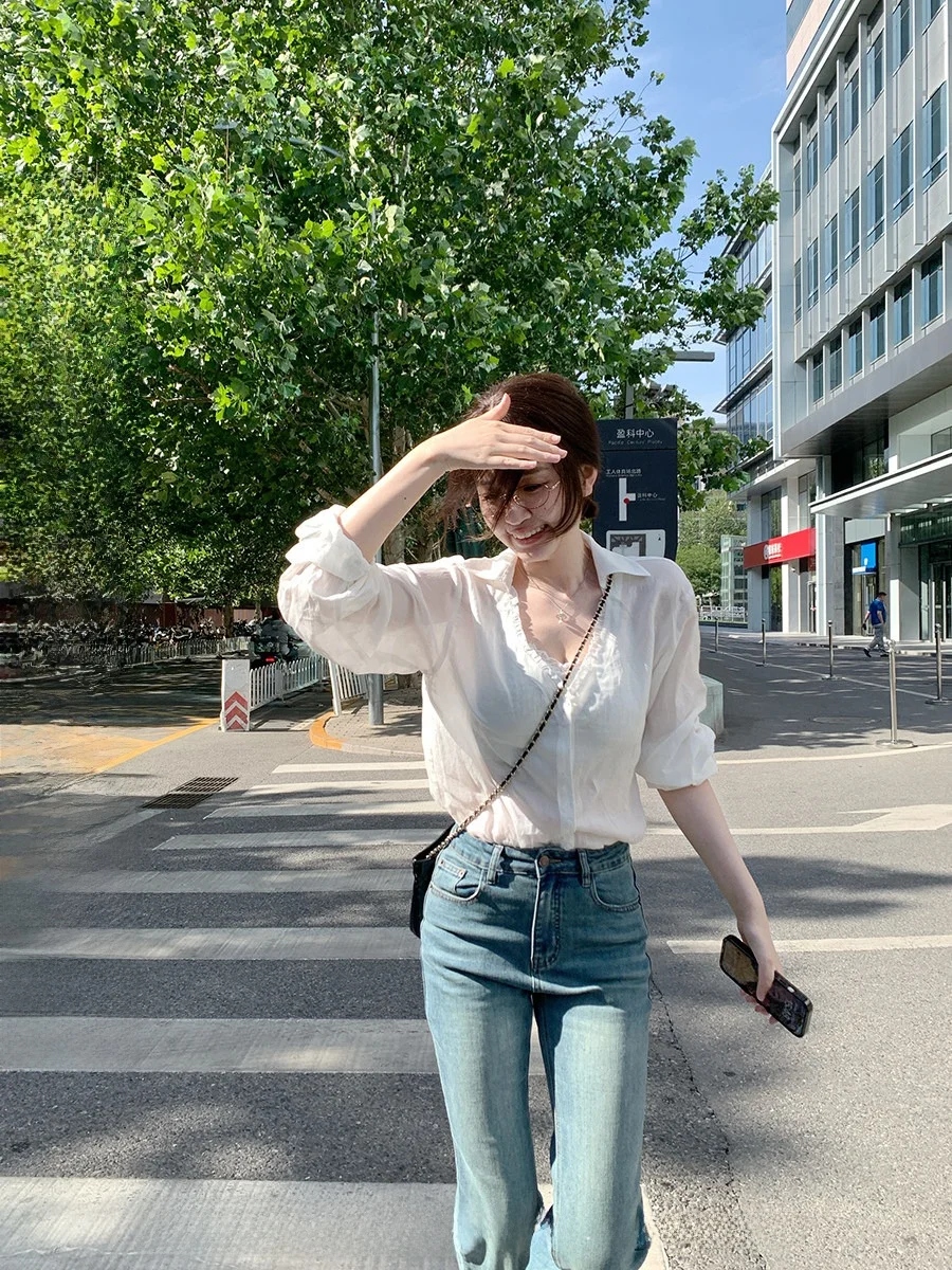 

CallmeEar Women's Thin Long Sve V-Ne Linen irt Casual Loose Fit Breathable Summer Faion Ladies' Premium irt