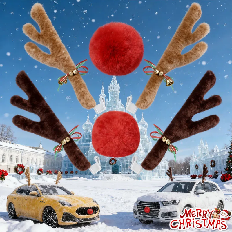Christmas Car Decor Antler Hanging Ornaments and Sleigh Bells Reindeer & Tree Accessories for SUVs and Trucks