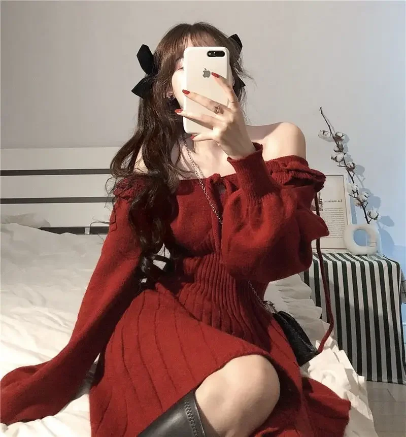 2023 Sweet Knitted Dress Women Autumn Winter Elegant Dress Female Red French Style Party Dress Clothes Lady