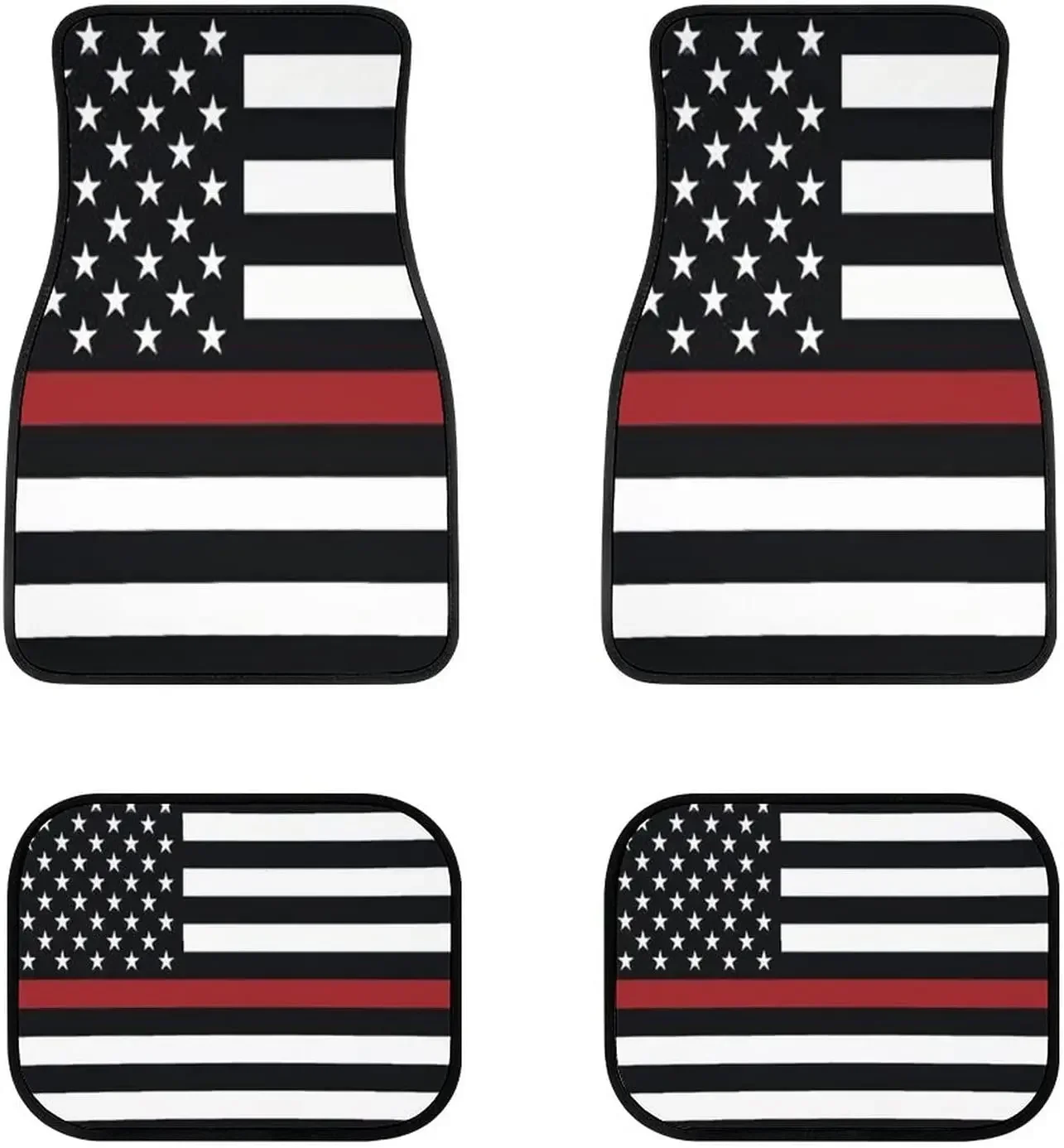 Red Line Firefighter American Flag Car Floor Mats Front & Rear Liners Set, Universal Fit Auto Carpet Floor Mats Set of 4