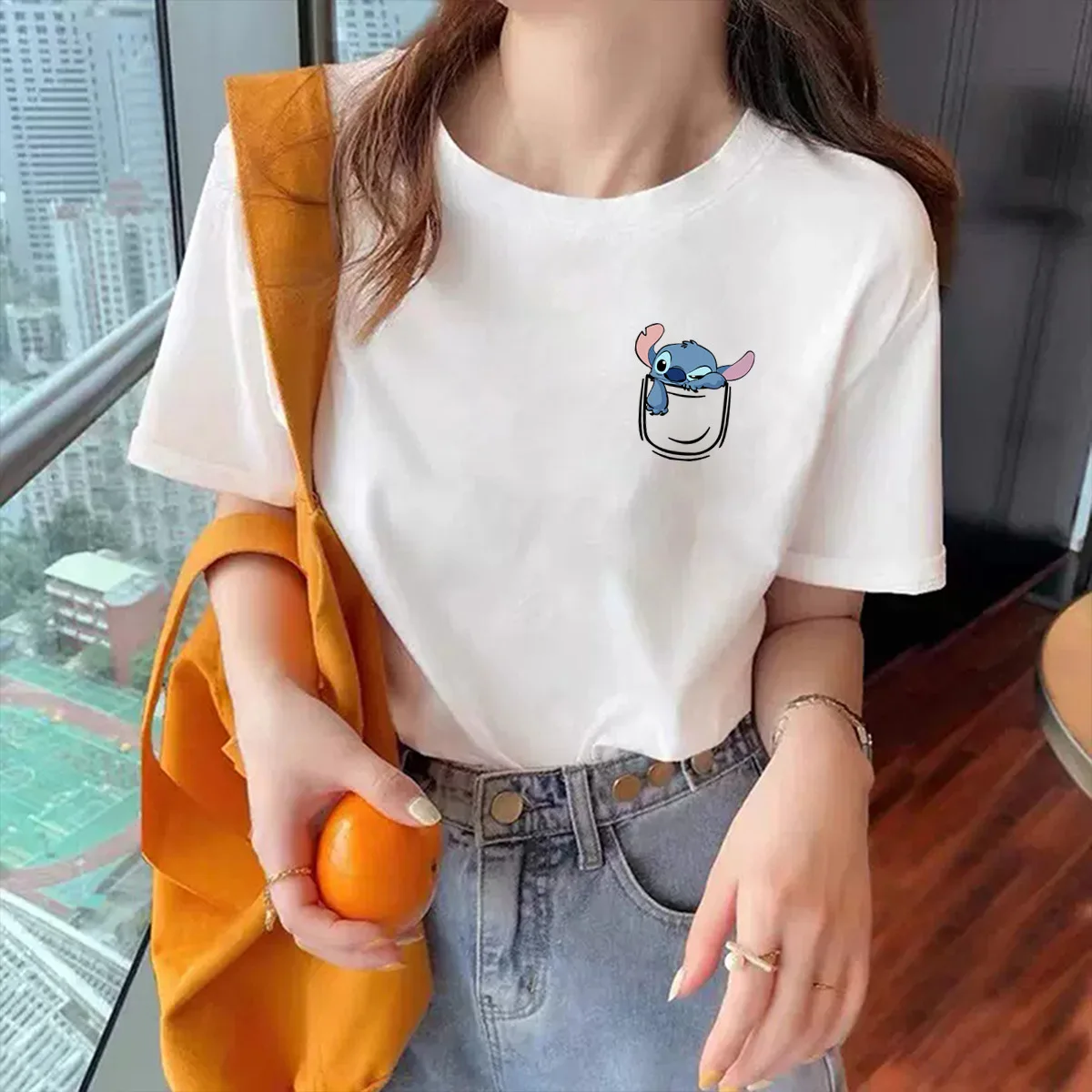 Kawaii Stitch Couple Short sleeved T-shirt Japanese Anime New Style Cotton Round Neck Loose Texture White Cartoon Birthday Gift