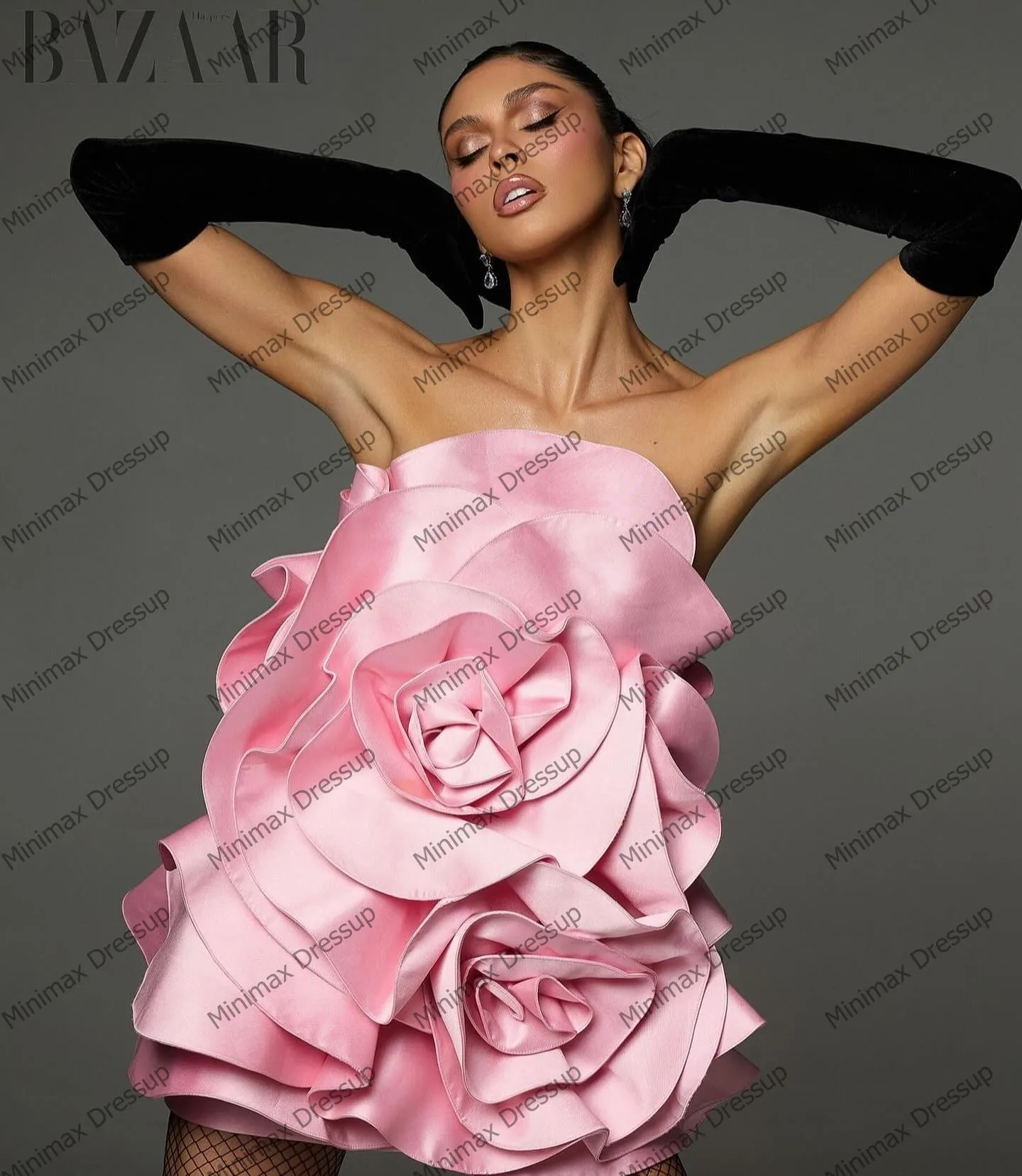 Pretty Satin Ruffles Mini Cocktail Dresses Fashion Strapless Handmade Flowers Prom Party Gowns Cute Pink Taffeta Prom Dress