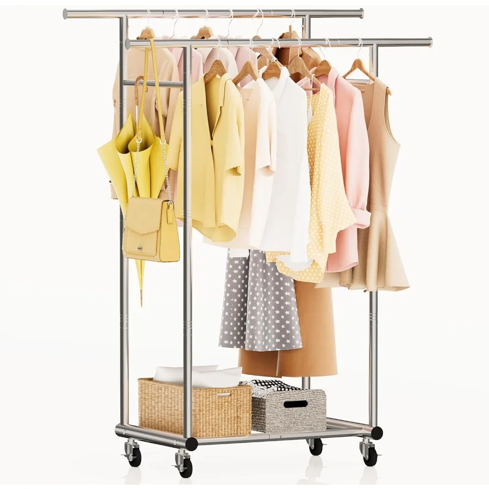 

Double Rod Rolling Clothes Rack Heavy Duty Stainless Steel Adjustable Height Portable Garment Organizer for Bedroom