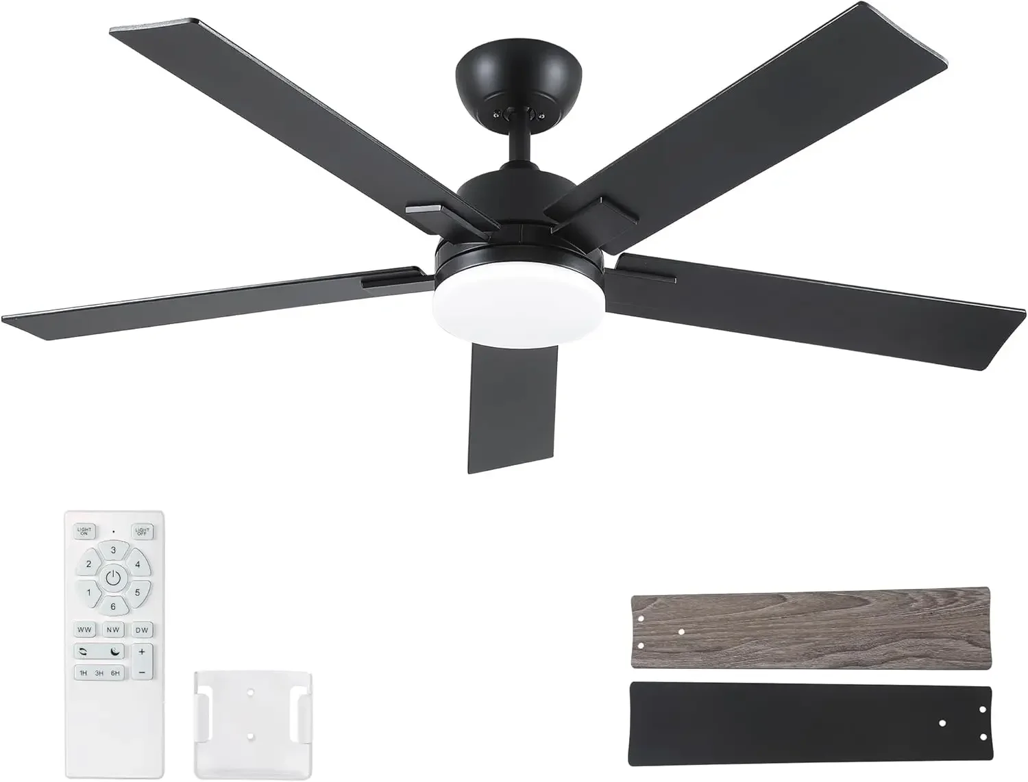 

52 Inch Ceiling Fans with Lights and Remote, Black Ceiling Fan with 5 Blades, 6 Speed Reversible DC Motor, 3CCT Dimmable LED, Mo