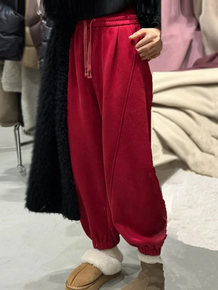 Women's Fleece Lined Loose Fit Thick Warm Casual Trousers High Waist Slimming Cuffed Pants Long Leggings Autumn Winter New Style
