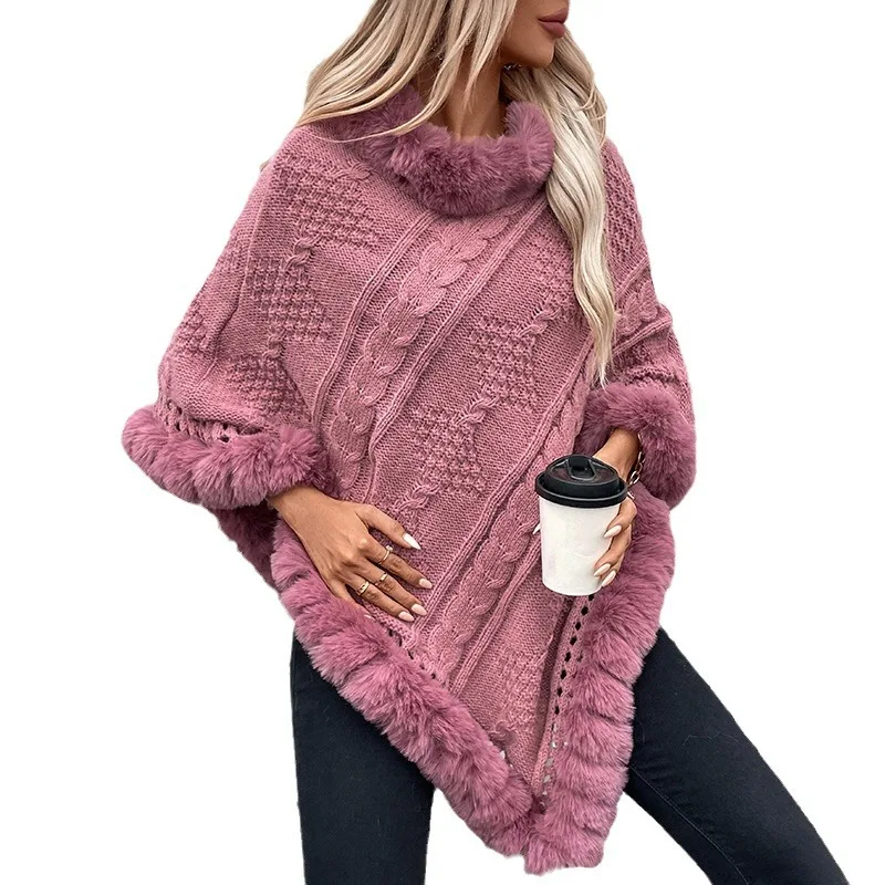 Loose large size autumn and winter warm imitation rabbit fur collar cape 2024 cross-border new rough twist sweater jacket
