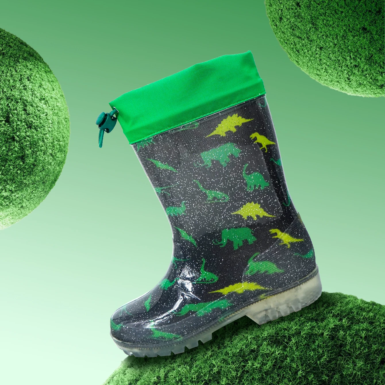 Dziecięce buty przeciwdeszczowe Outdoor Dinosaur Glitter Jelly z zapięciem na sznurek - Wodoodporne, antypoślizgowe buty do wody - Odporne na zużycie