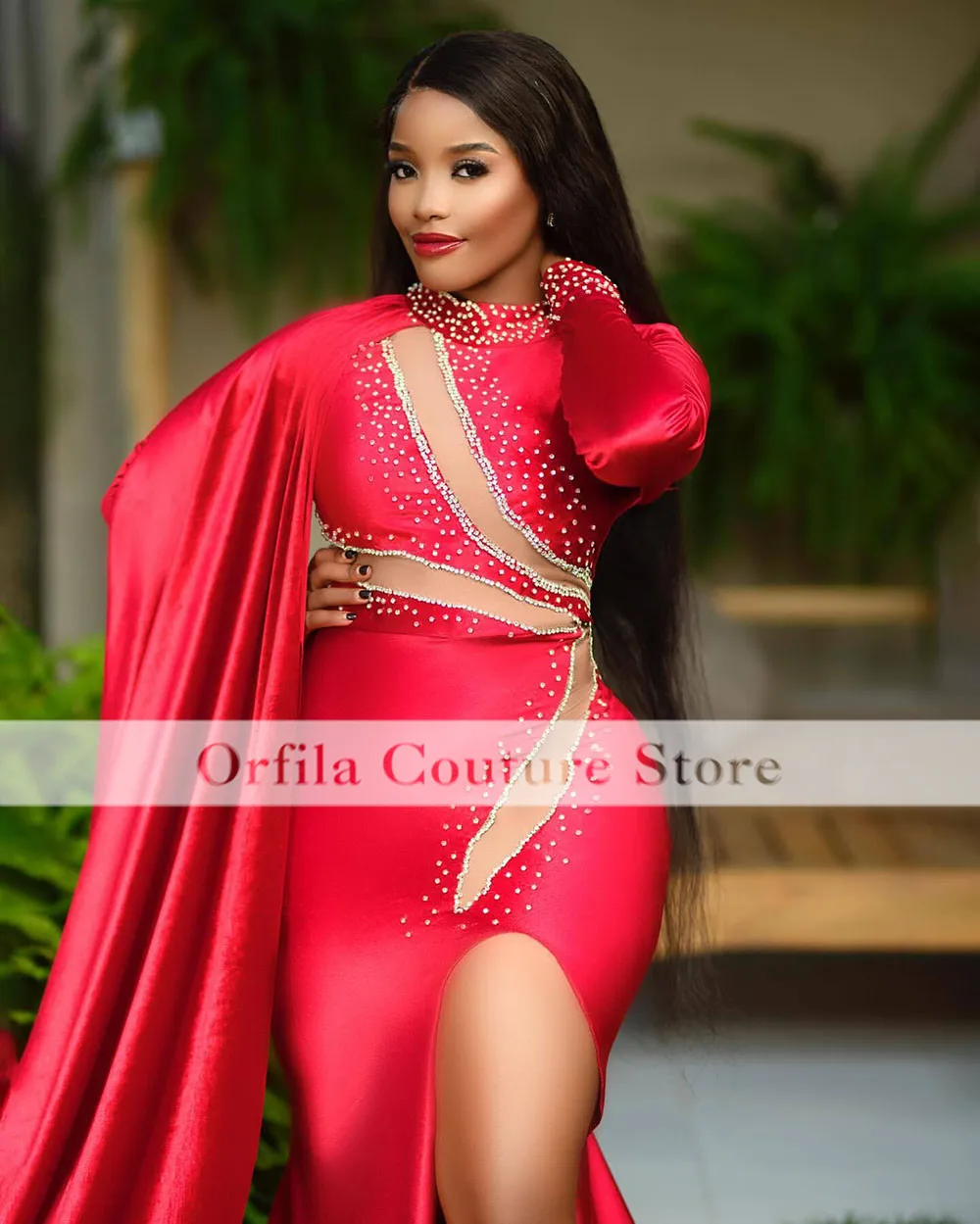 Charming Red Evening Dresses With Train Long Sleeves Black Girls Mermaid Prom Gowns Vestidos De Fiesta Customized