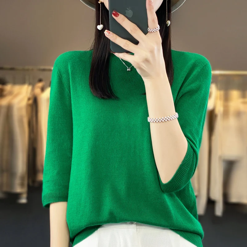Fashion short sleeve 100% merino wool sweater basic O-neck cashmere women\'s knitted top pullover sweater top T-shirt