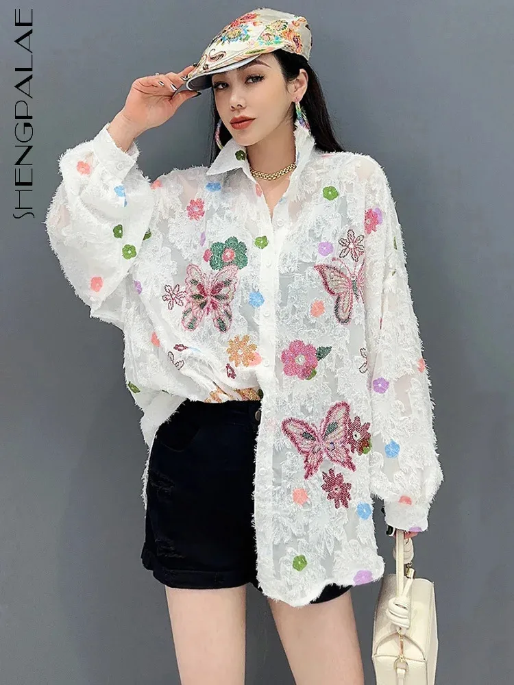 

SHENGPALAE Embroidery Flocking Shirt For Women Spring Elegance Versatile Lapel Contrast Color Blouse Spring 2024 New Tide 5R9464