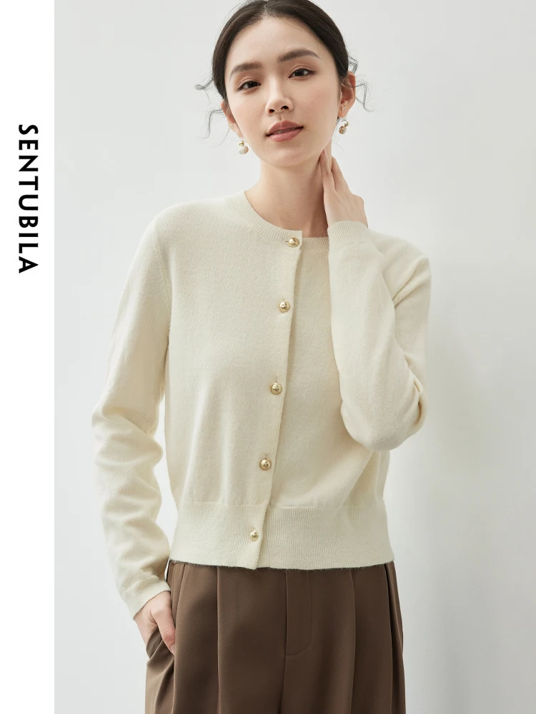 

SENTUBILA Casual Cardigan Women 2025 Autumn Apricot Loose Single Breasted Long Sleeve Round Neck Simple Basic Tops W43E56755