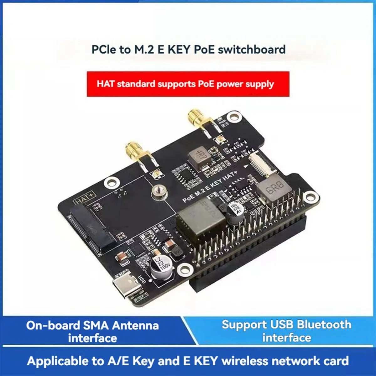 N86R For 5 PCIe to M.2 E KEY with PoE HAT+ Supports NGFF Wireless Network Card/Bluetooth for RPI 5