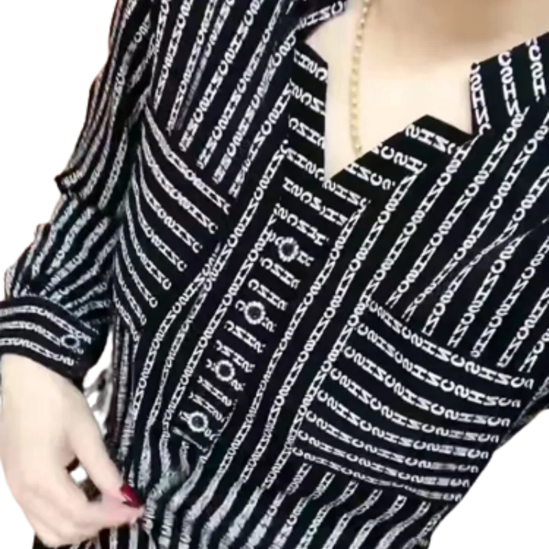 2023 Women's Clothing Shirt V-Neck Long Sleeve Office Lady Commuter Spring Autumn Loose Fashion Printed Letter Striped Blouse