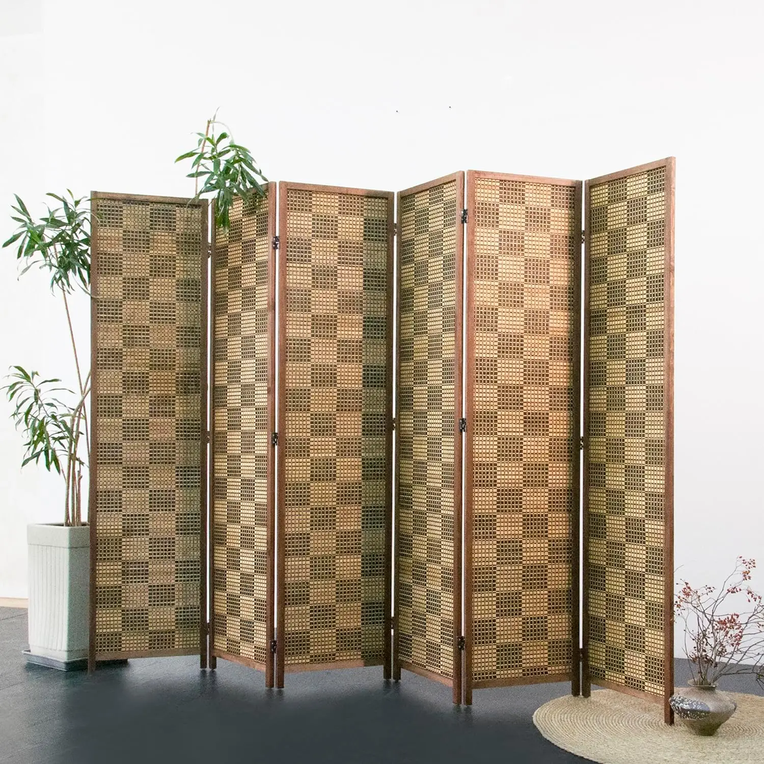 

6 Panel Room Divider Screen and Folding Panel Screen,Double Sided Bamboo Divider for Room Separation,Caramel Square,67"