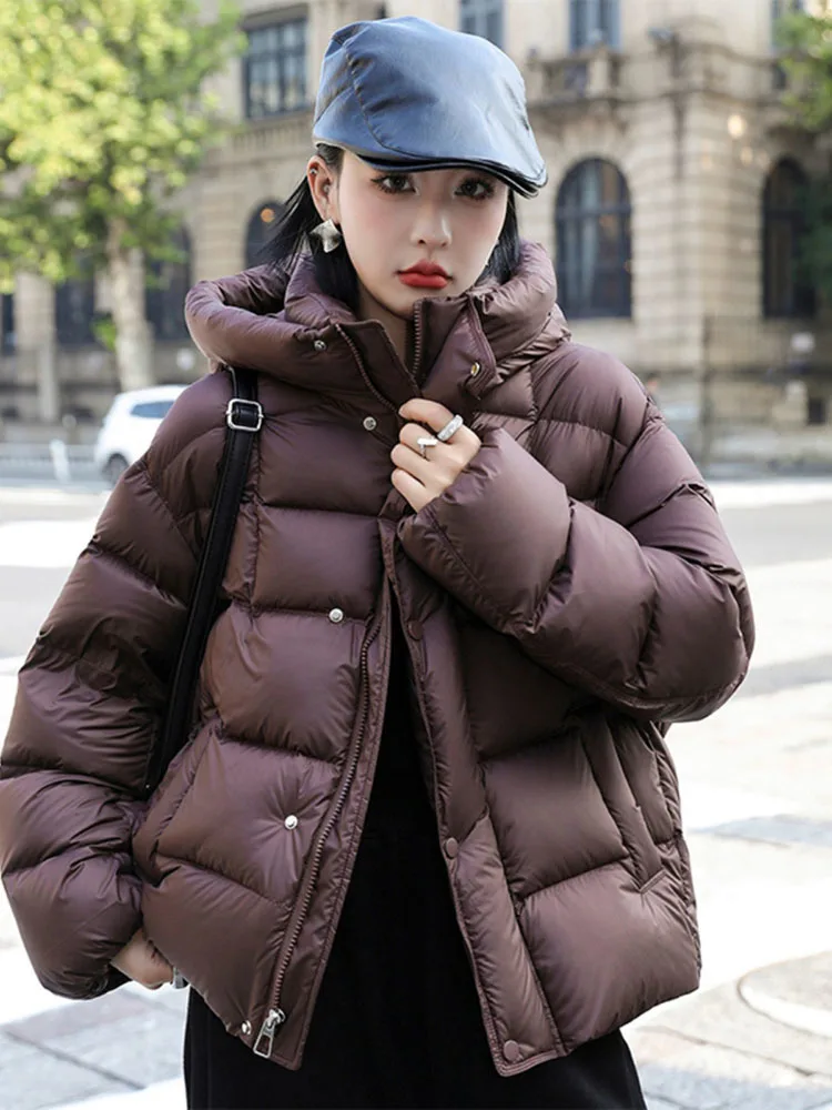 

2024 New Ultra Light Warm Hooded Bread Puffer Down Jacket Women Thick Warm Parkas Loose 90% White Duck Down Feather Coat