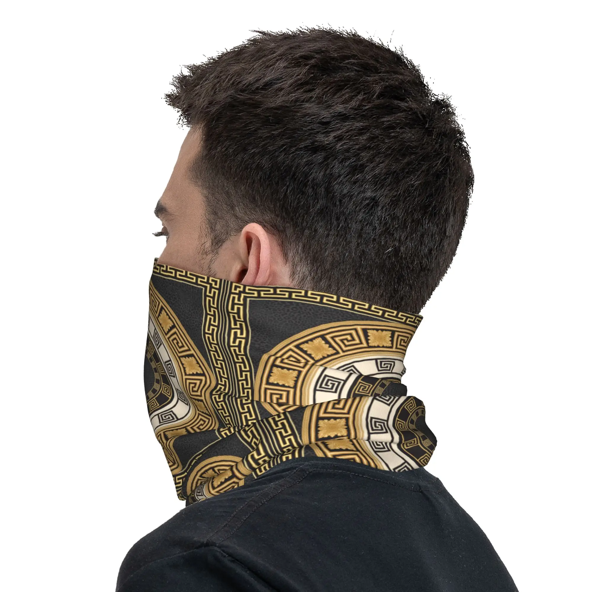 Golden Greek Meander Design Bandana Neck Gaiter Printed Wrap Scarf Multifunction Headwear Cycling For Men Women Adult view 6