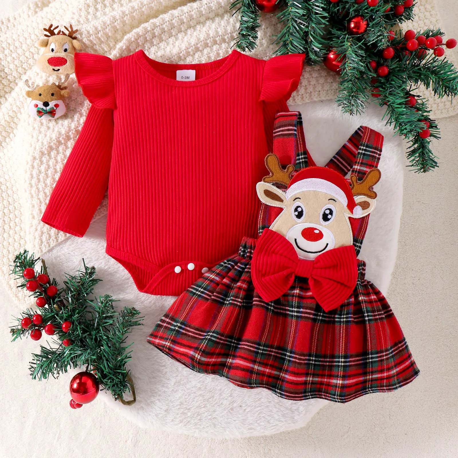 

Infant Girls Baby Christmas Outfits Sets Winter Long Sleeve Ribbed Romper Tops+Cartoon Deer Suspender Plaid Skirts Outfits 0-24M