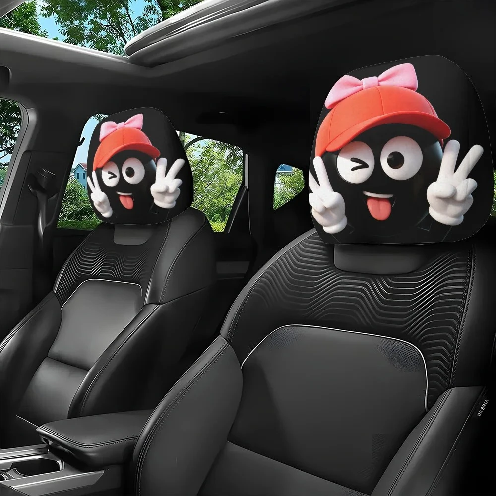 2pcs Cartoon Character Printed Car Headrest Covers Red Hat Pink Bow Playful Expressions Victory Sign Stretch Fit