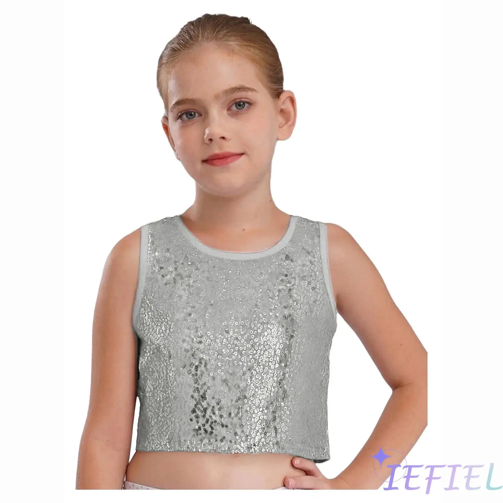 

Girls Jazz Dance Crop Top Sparkling Sequins Tank Top Round Neck Sleeveless Vest School Stage Performance Crop Tops