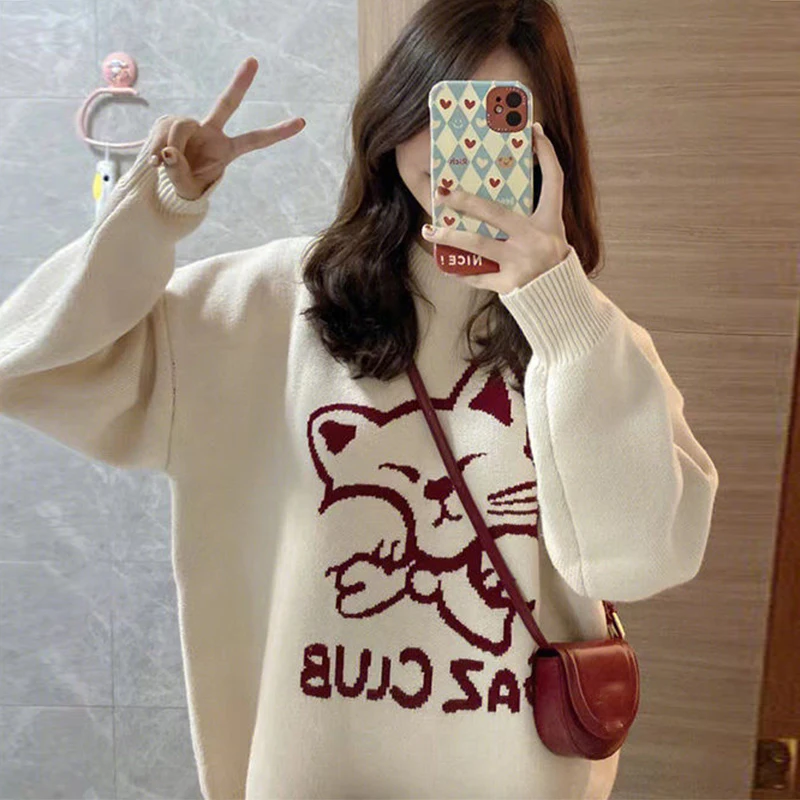 

Beige O-Neck Animal Letter Jacquard Sweater Autumn Winter Loose Casual Pullover Sweater 2023 Women Fashion Warm Knitted Sweater
