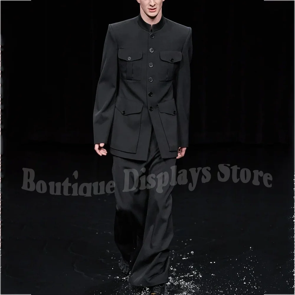 

Черный однобортный мужской костюм, однотонный деловой костюм с несколькими карманами (куртка + брюки), шикарный деловой пиджак с воротником-стойкой