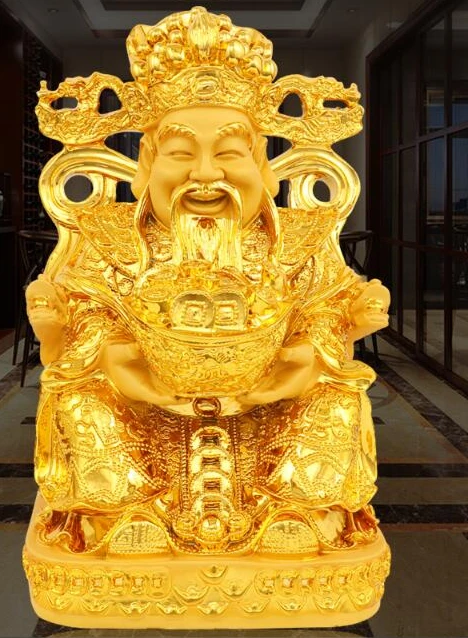 Chinese Golden Lucky Fengshui God of Wealth Resin Statue Home Decor Entrance Living Room Decorations Birthday Present Crafts