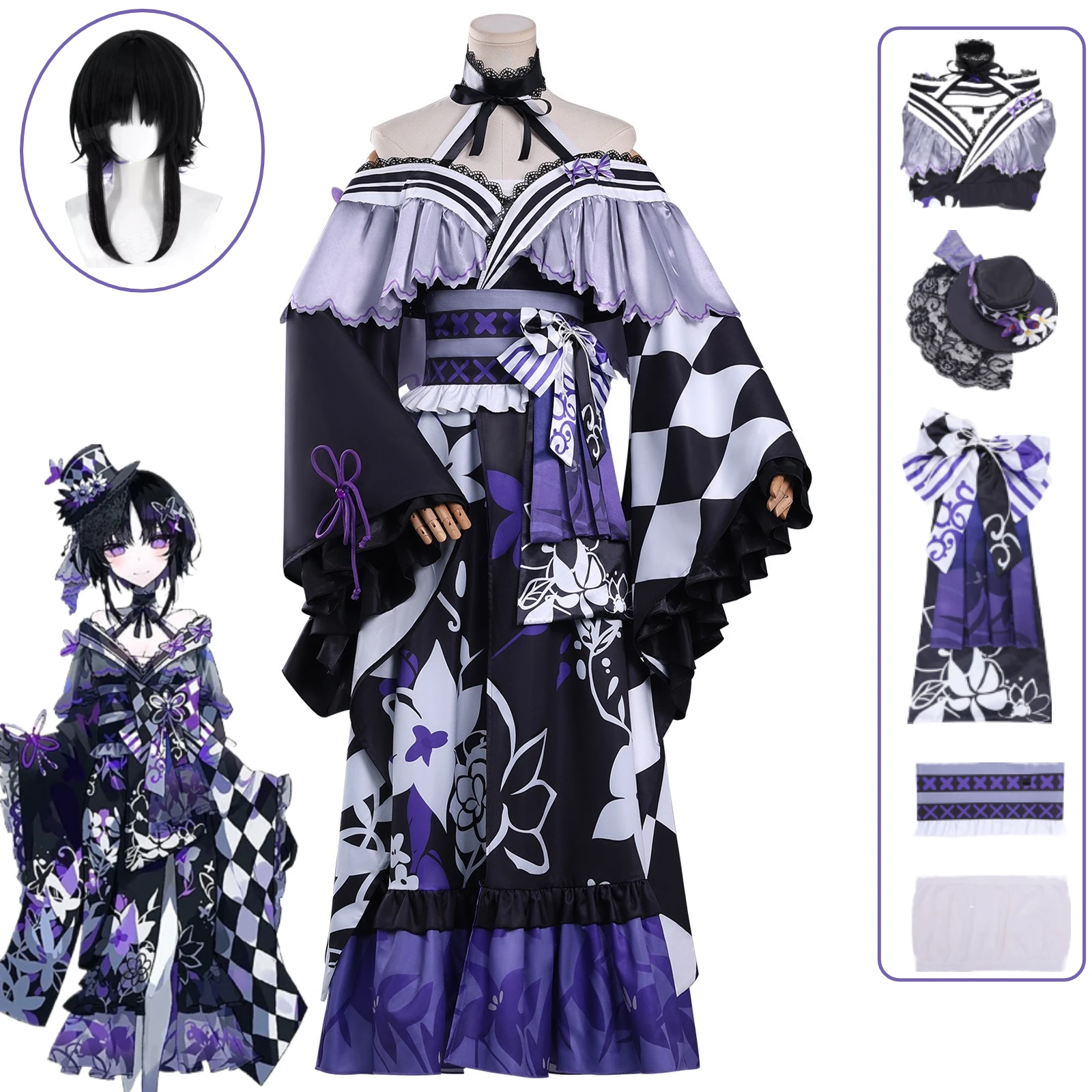 

Magical Girl Witch Trial Cosplay Hoshino Magenta Referee Game Costume Purple Kimono Accessories Hat Wig Set for Anime Outfit