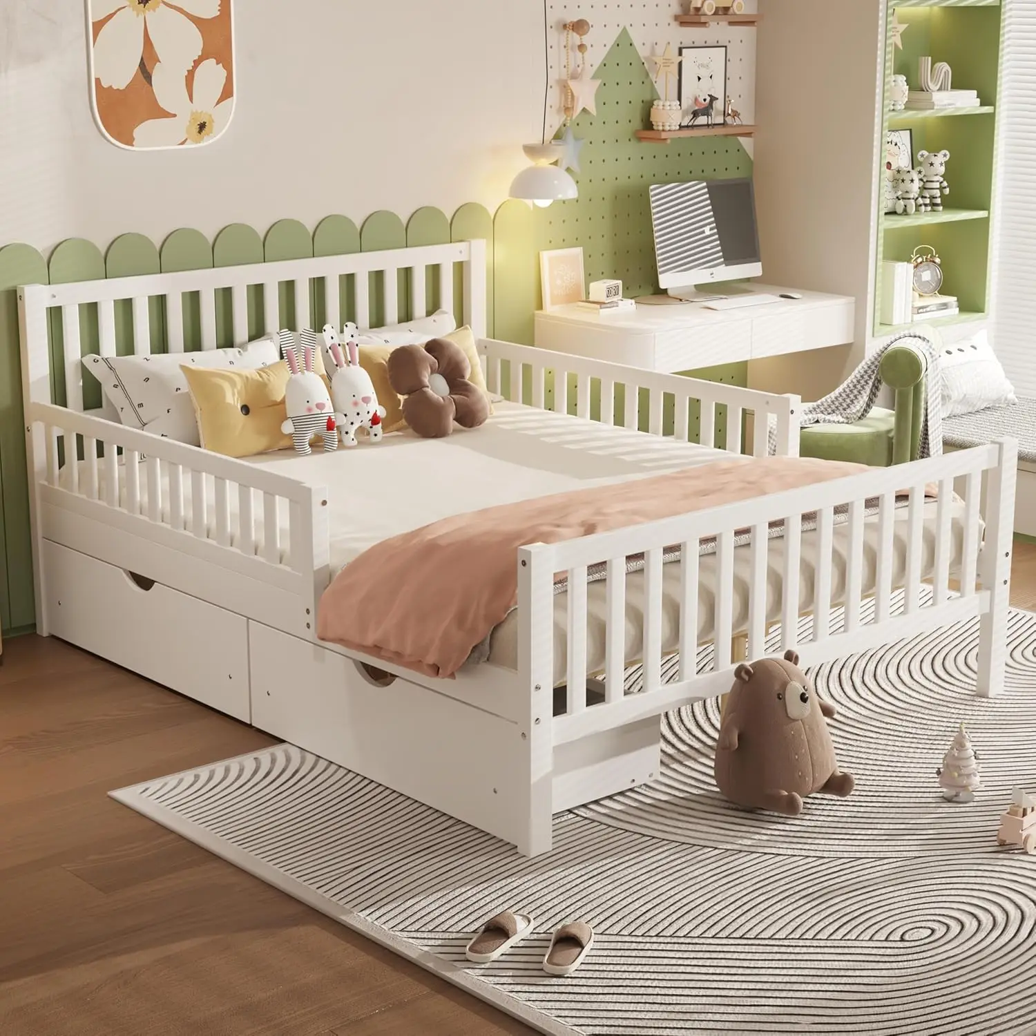 Kids Full Bed Frame with Storage Drawers and Both Sides Guardrails, Kids Platform Bed with Headboard and Slat Support,