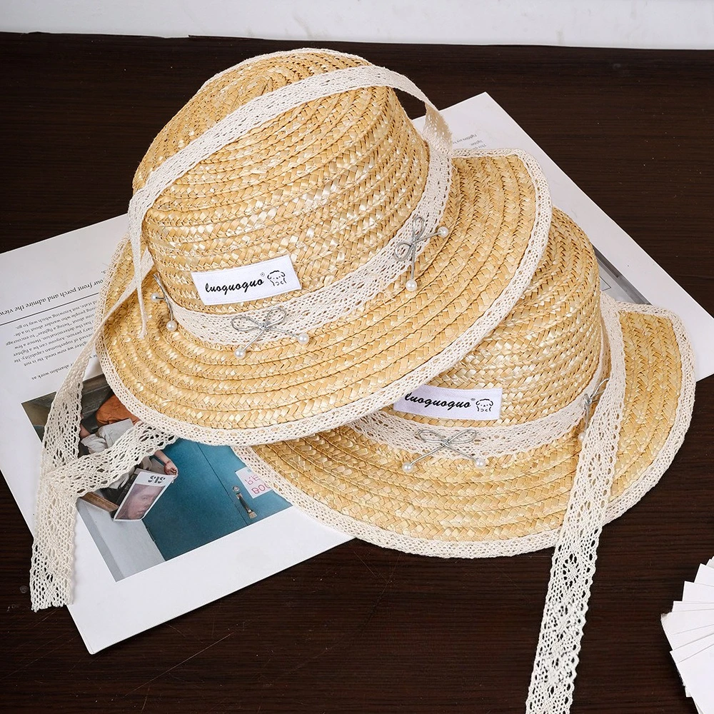 Sommerhut für Mädchen im französisch-britischen Stil aus Weizenstroh mit Spitze, flacher Krempe, eleganter UV-Schutz, Sonnenhut für Outdoor-Aktivitäten – Detail 7