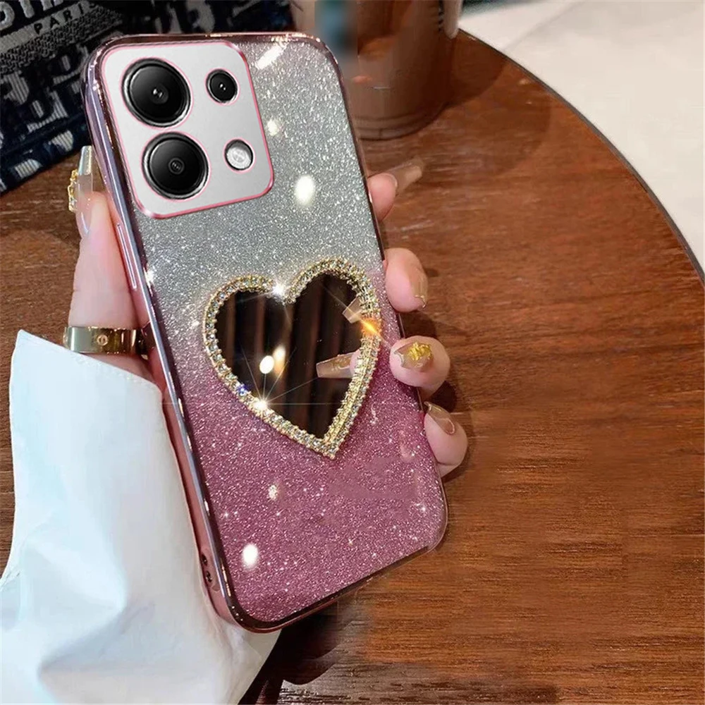 Gradient Glitter 3D Love Heart Mirror Phone Case For Xiaomi Redmi Note 13 13ProPlus 12S 11S 10S 9S 8 7 Pro Soft Silicone Cover